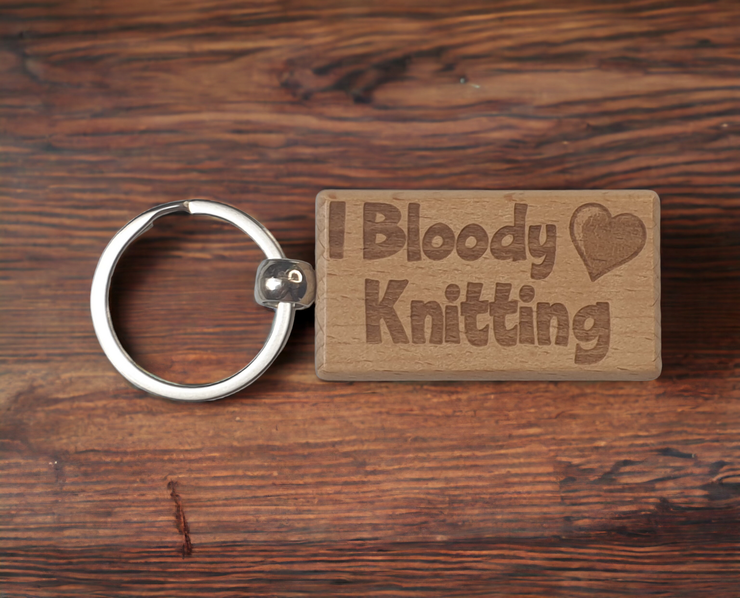 Knitting Keyring Gift - I Bloody Love Heart Knitting - Cute Engraved Wooden Key Fob Fun Novelty Nice Custom Present