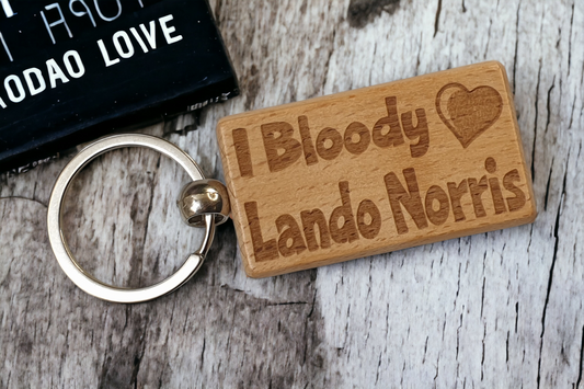 Lando Norris Keyring Gift - I Bloody Love Heart - Engraved Wooden Formula One F1 Team Driver Fan Fun Cute Novelty Present