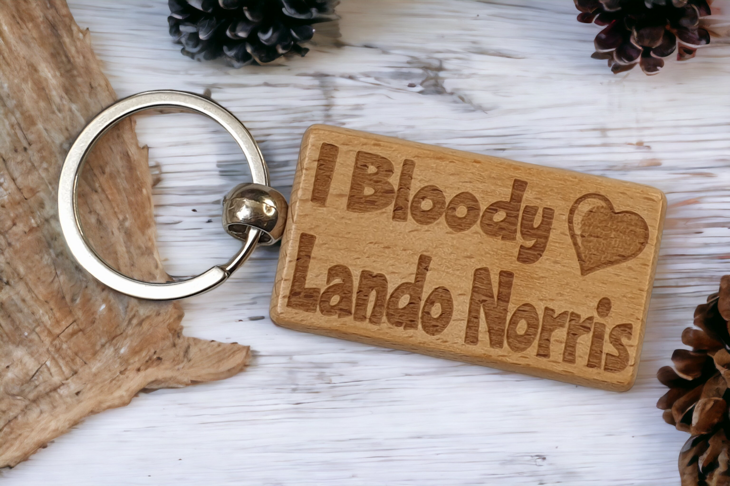 Lando Norris Keyring Gift - I Bloody Love Heart - Engraved Wooden Formula One F1 Team Driver Fan Fun Cute Novelty Present