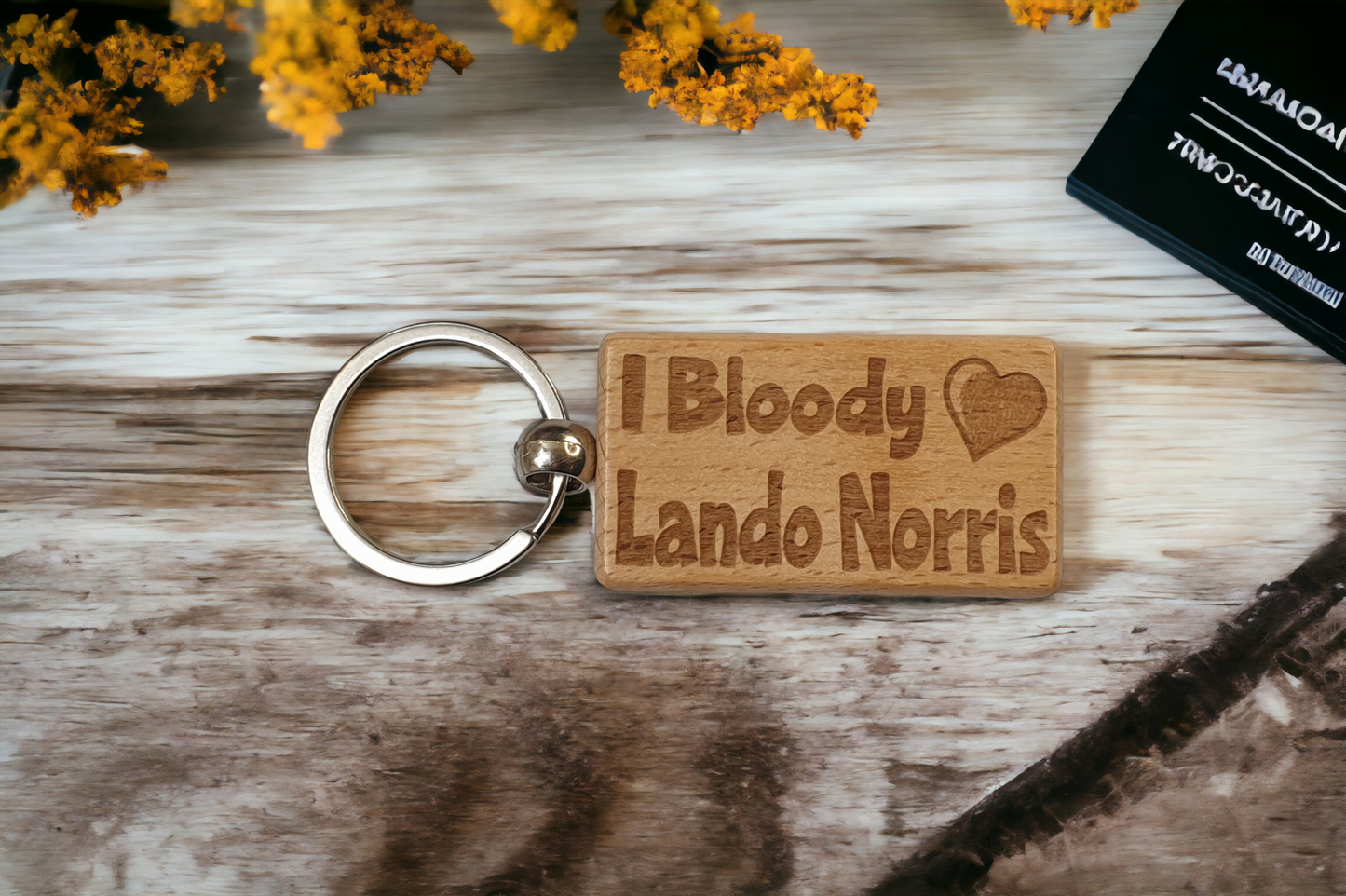 Lando Norris Keyring Gift - I Bloody Love Heart - Engraved Wooden Formula One F1 Team Driver Fan Fun Cute Novelty Present