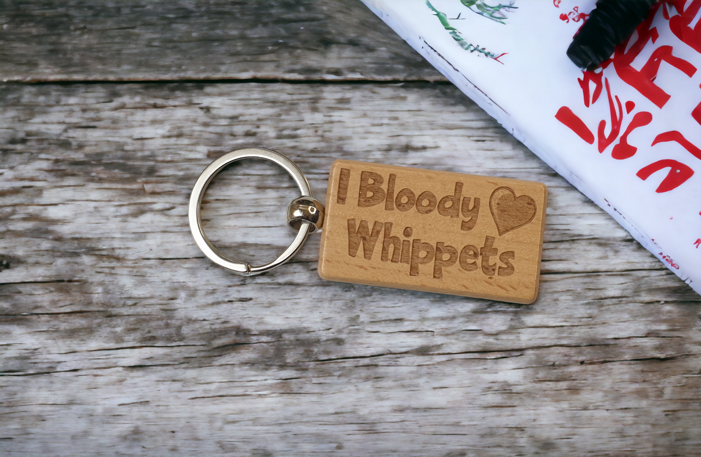 Whippet Keyring Gift - I Bloody Love Heart - Cute Engraved Wooden Key Fob Fun Novelty Nice Dog Owner Present