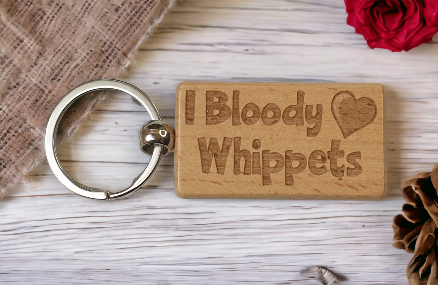 Whippet Keyring Gift - I Bloody Love Heart - Cute Engraved Wooden Key Fob Fun Novelty Nice Dog Owner Present