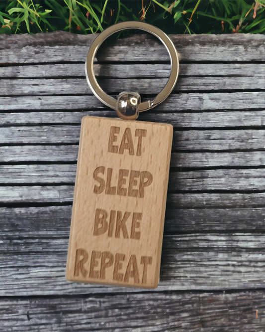 Biking Keyring Gift - Eat Sleep Bike Repeat - Nice Cute Engraved Wooden Key Fob Novelty Present