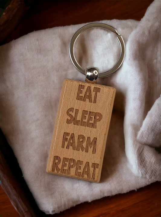 Farming Keyring Gift - Eat Sleep Farm Repeat - Nice Cute Engraved Wooden Key Fob Novelty Present