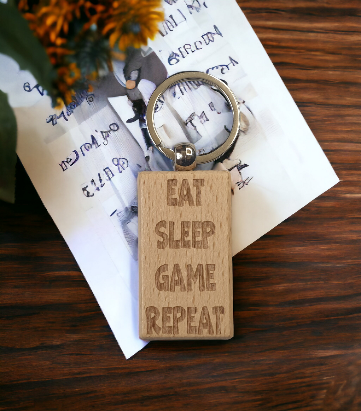 Gaming Keyring Gift - Eat Sleep Game Repeat - Nice Cute Engraved Wooden Key Fob Novelty Present