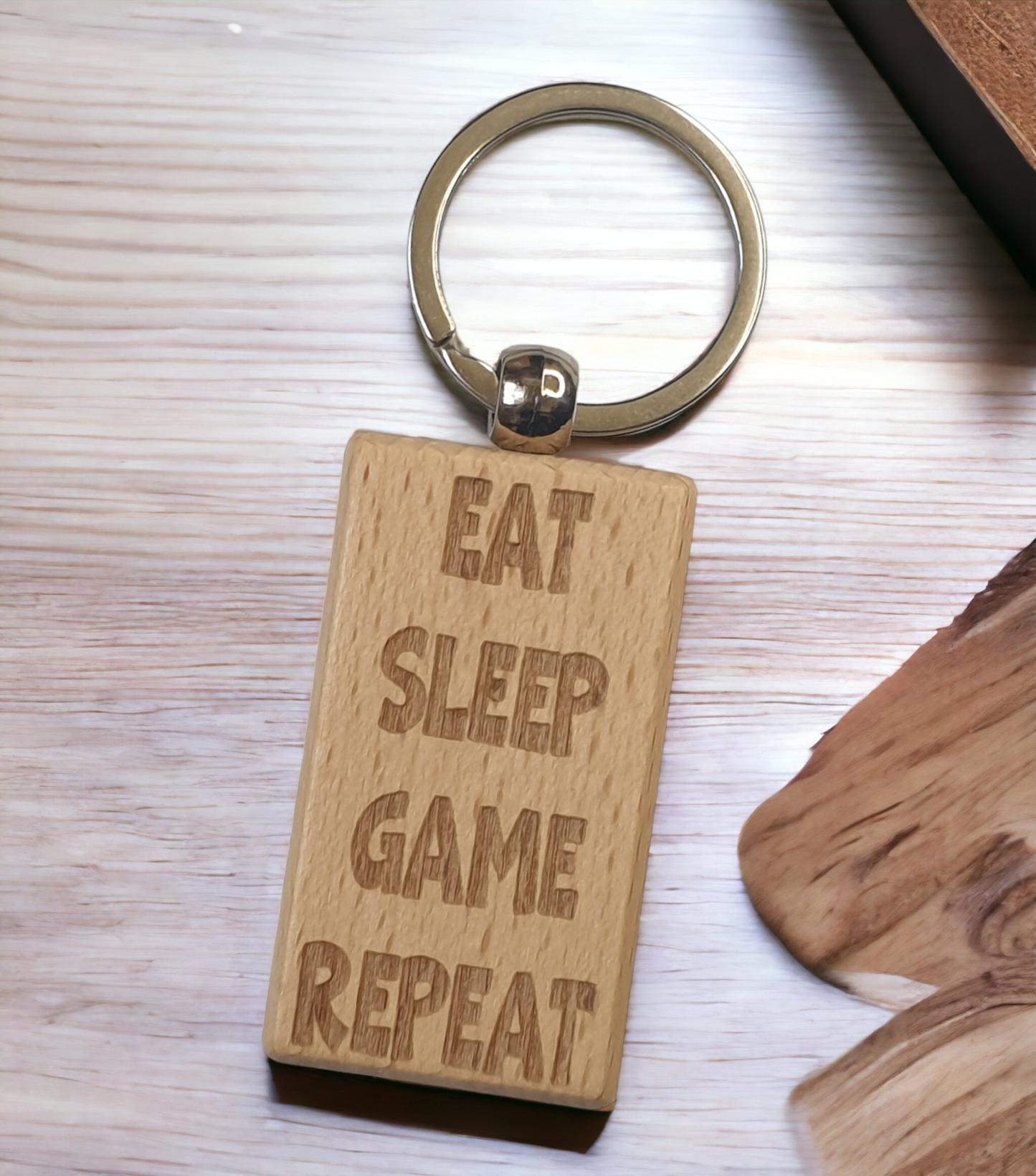 Gaming Keyring Gift - Eat Sleep Game Repeat - Nice Cute Engraved Wooden Key Fob Novelty Present