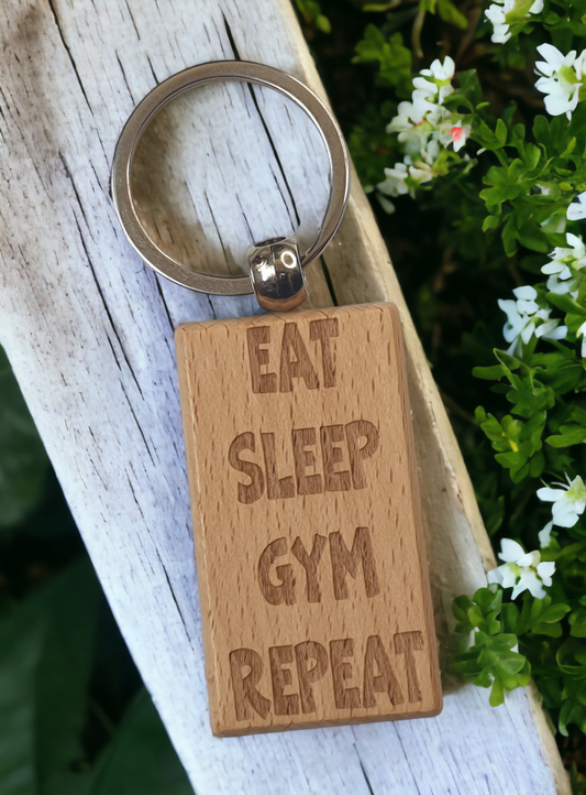 Gym Keyring Gift - Eat Sleep Gym Repeat - Nice Cute Engraved Wooden Key Fob Novelty Present