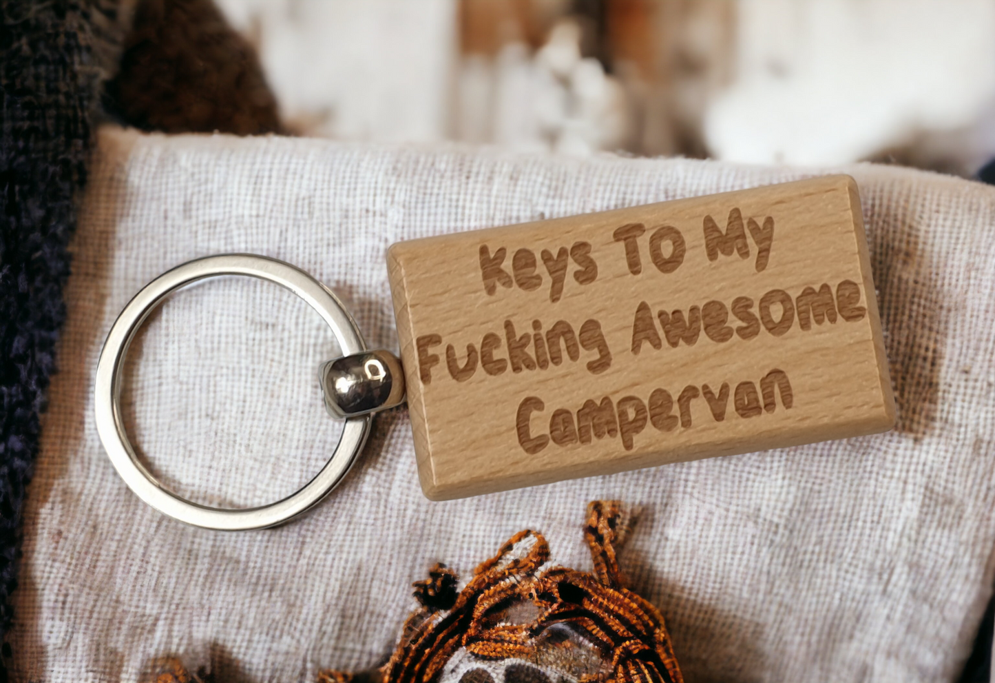 Campervan Keyring Gift - Keys To My Fucking Awesome Campervan - Nice Cute Engraved Wooden Key Fob Novelty Custom Present