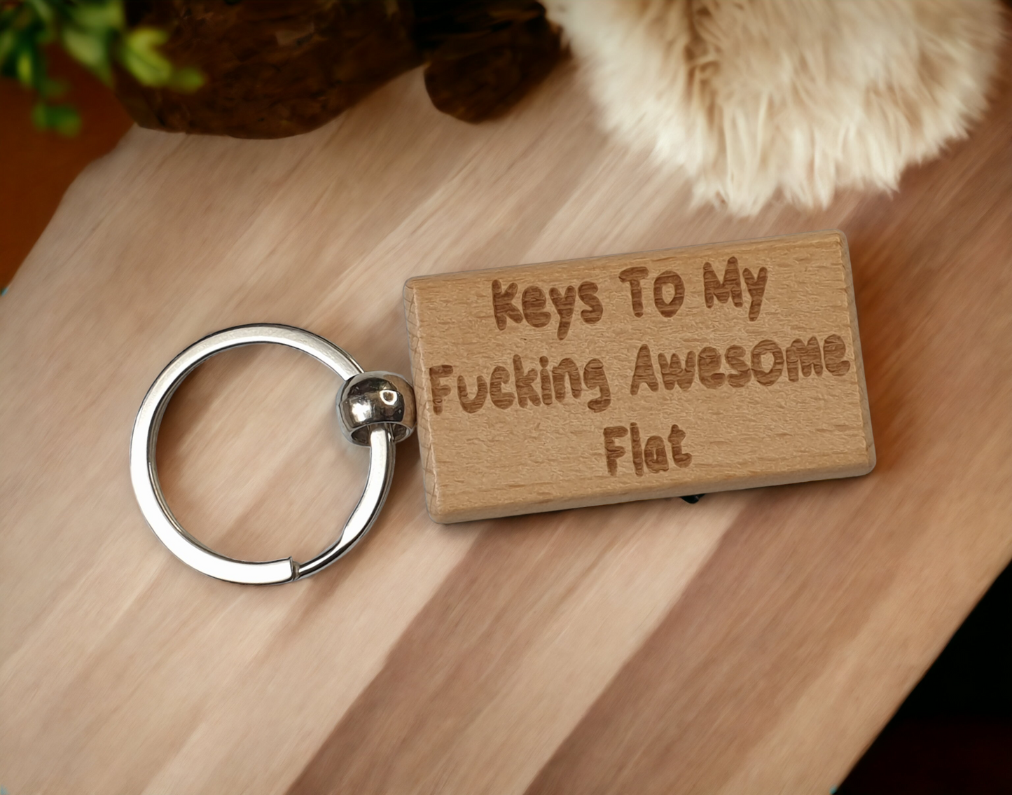 Flat Keyring Gift - Keys To My Fucking Awesome Flat - Nice Cute Engraved Wooden Key Fob Novelty Custom Present