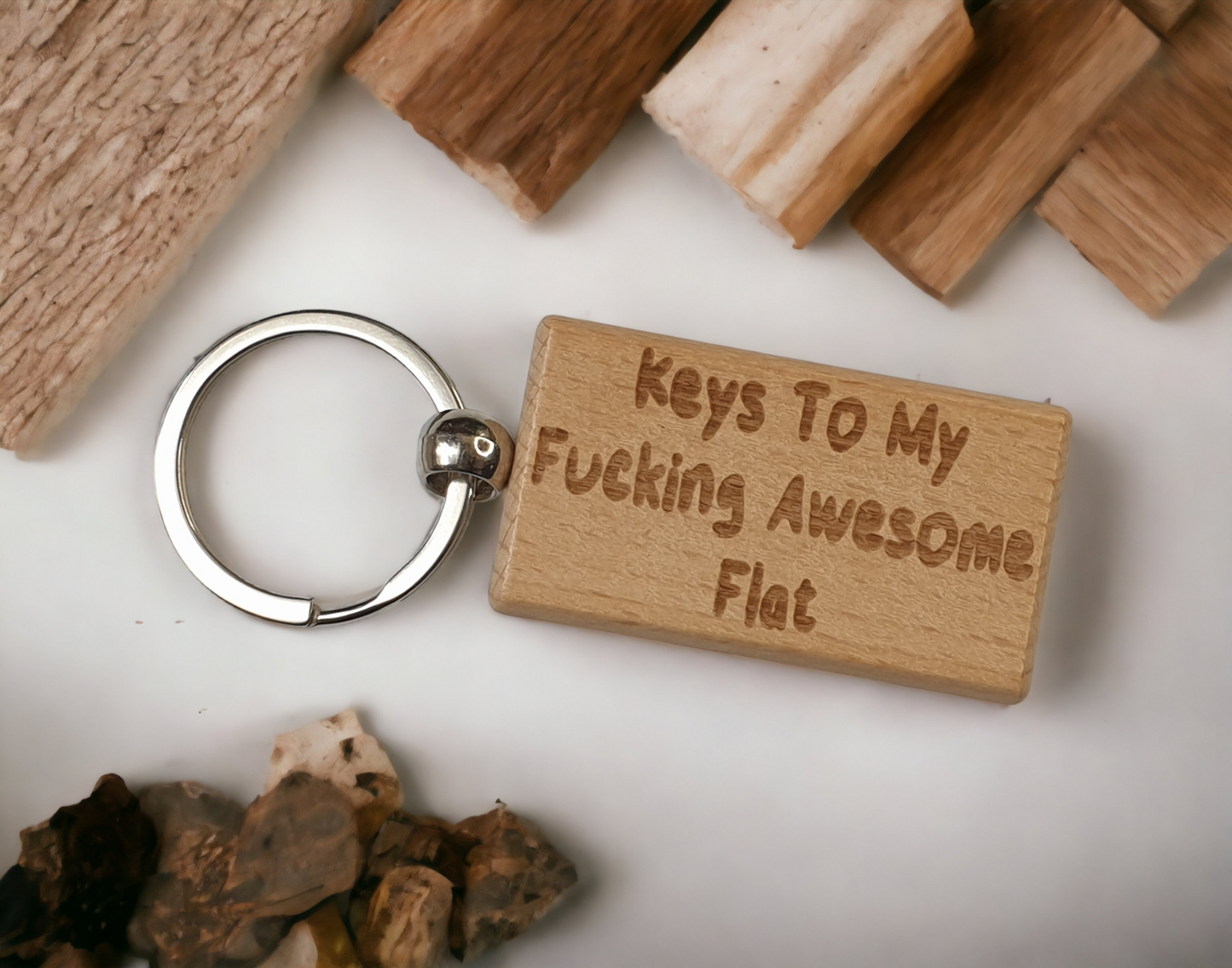 Flat Keyring Gift - Keys To My Fucking Awesome Flat - Nice Cute Engraved Wooden Key Fob Novelty Custom Present