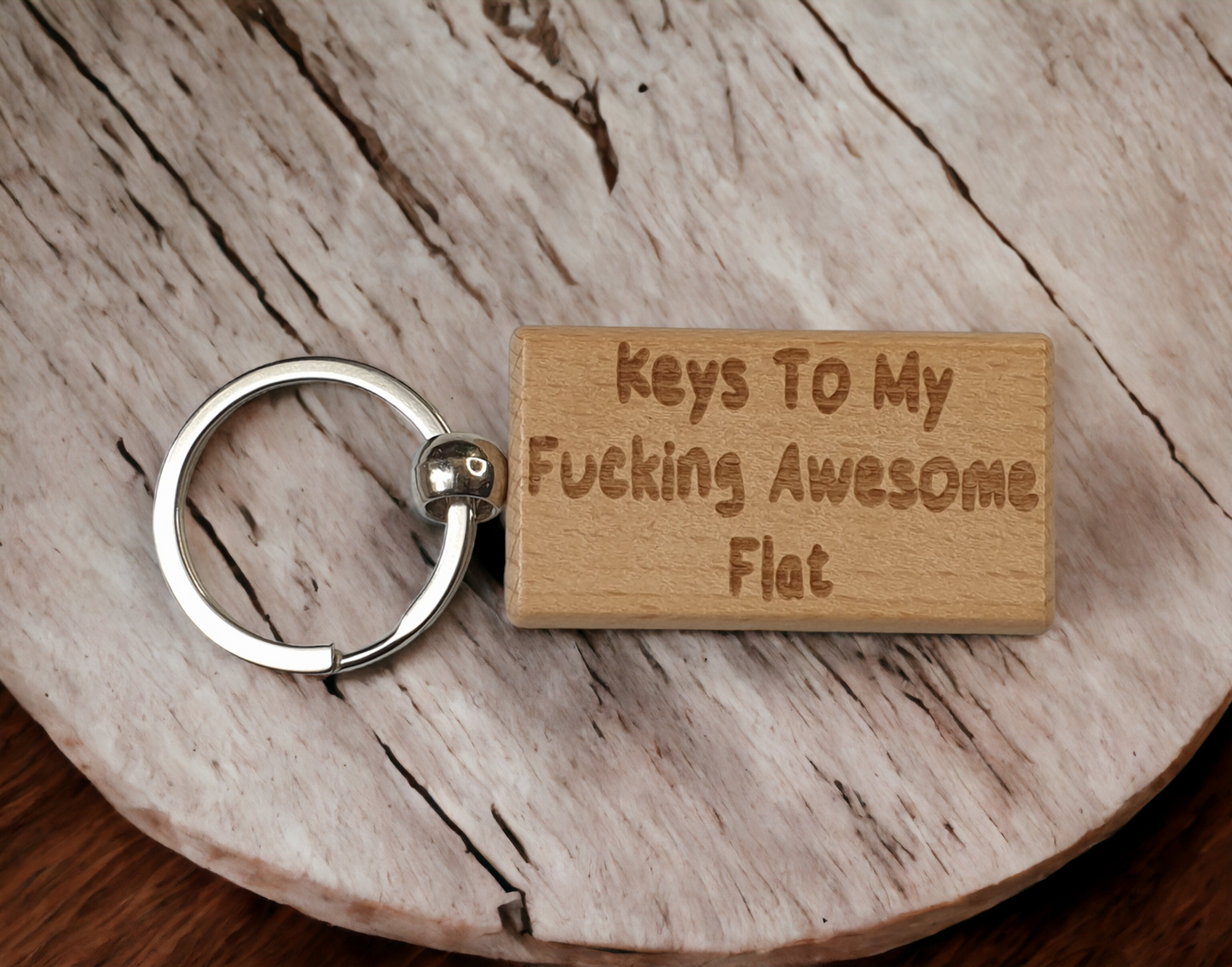 Flat Keyring Gift - Keys To My Fucking Awesome Flat - Nice Cute Engraved Wooden Key Fob Novelty Custom Present