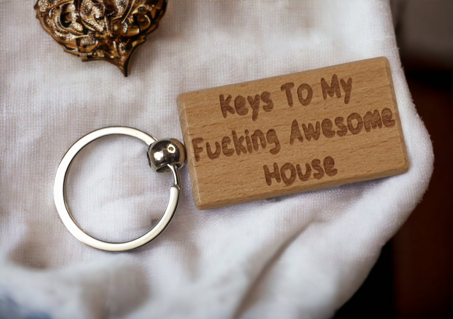 House Keyring Gift - Keys To My Fucking Awesome House - Nice Cute Engraved Wooden Key Fob Novelty Custom Present