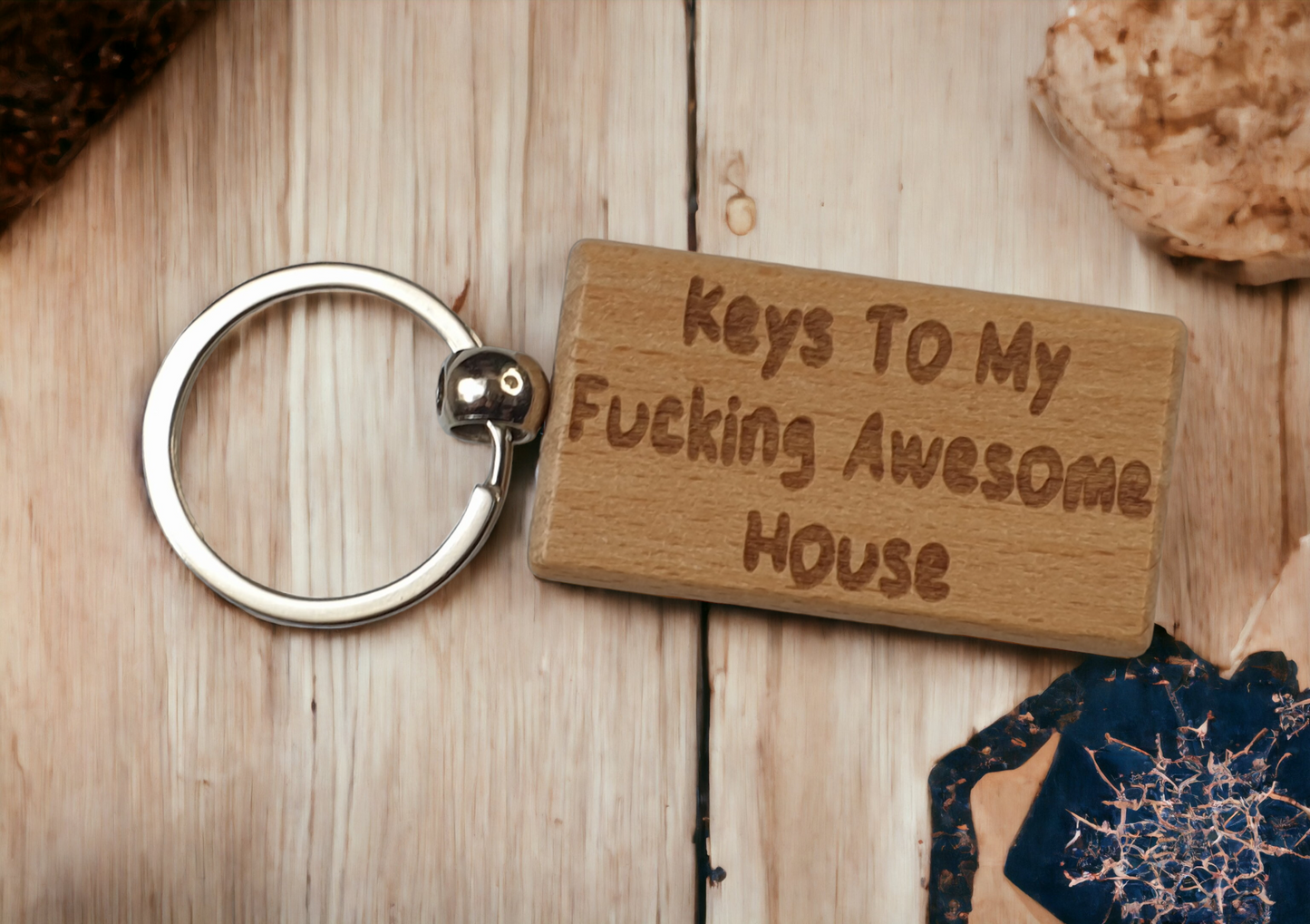 House Keyring Gift - Keys To My Fucking Awesome House - Nice Cute Engraved Wooden Key Fob Novelty Custom Present