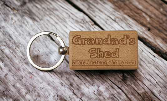 Grandad's Shed Keyring Gift - Where Anything Can Be Fixed - Cute Engraved Wooden Funny Novelty Nice Custom Present