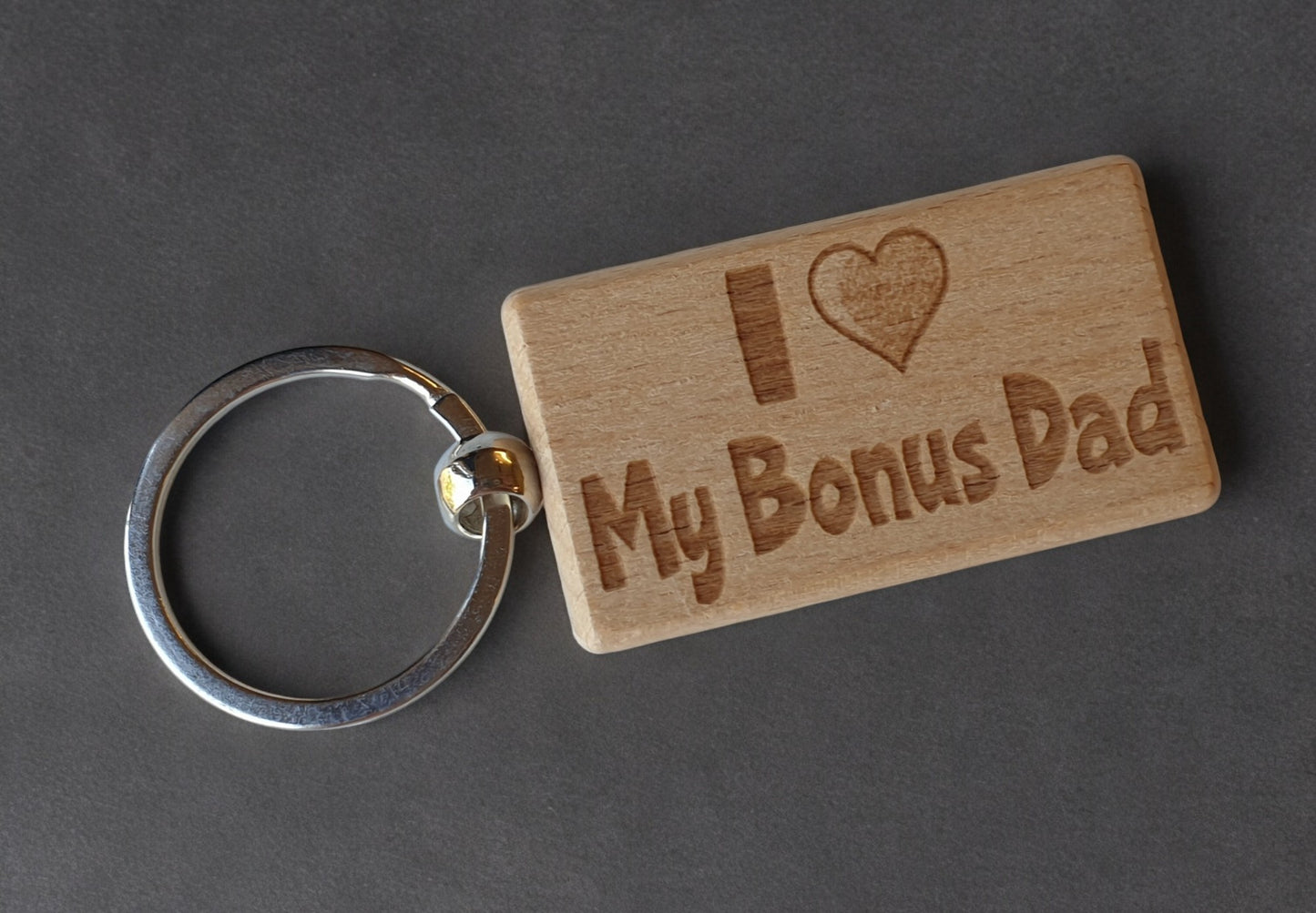 Bonus Dad Keyring Gift - I Love Heart My - Cute Engraved Wooden Keyring Funny Novelty Nice Custom Present