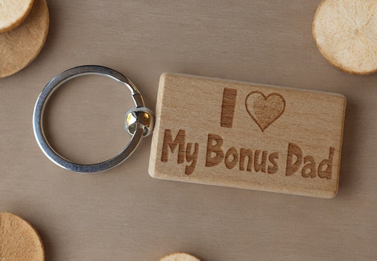 Bonus Dad Keyring Gift - I Love Heart My - Cute Engraved Wooden Keyring Funny Novelty Nice Custom Present