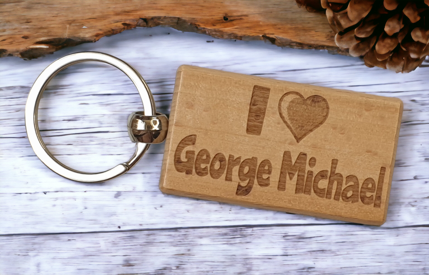 George Michael Keyring Gift - I Love Heart - Cute Engraved Wooden Key Fob Fun Novelty Nice Custom Present