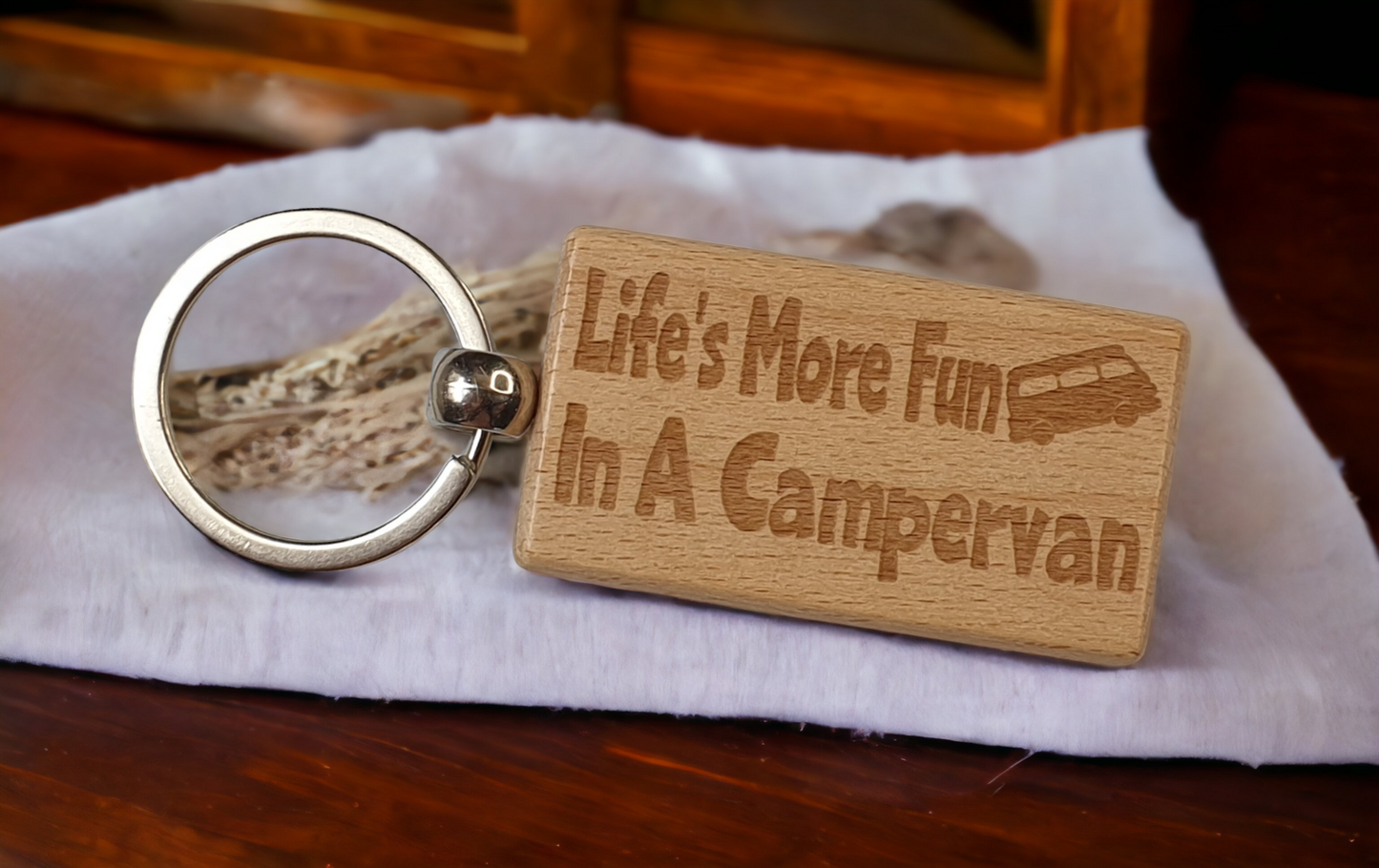 Campervan Keyring Gift Life's More Fun In A Cute Engraved Wooden Key Fob Fun Novelty Nice Custom Present