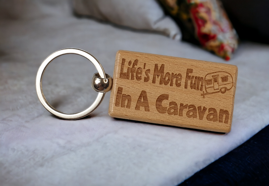 Caravan Keyring Gift Life's More Fun In A Cute Engraved Wooden Key Fob Fun Novelty Nice Custom Present