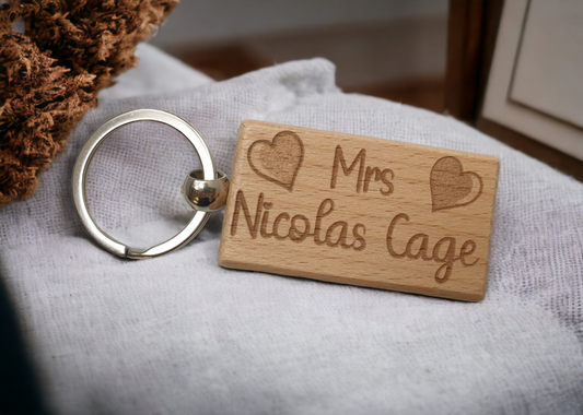 Mrs Nicolas Cage Keyring Gift - Engraved Wooden Movie TV Star Actor Fan Birthday Fun Cute Novelty Present