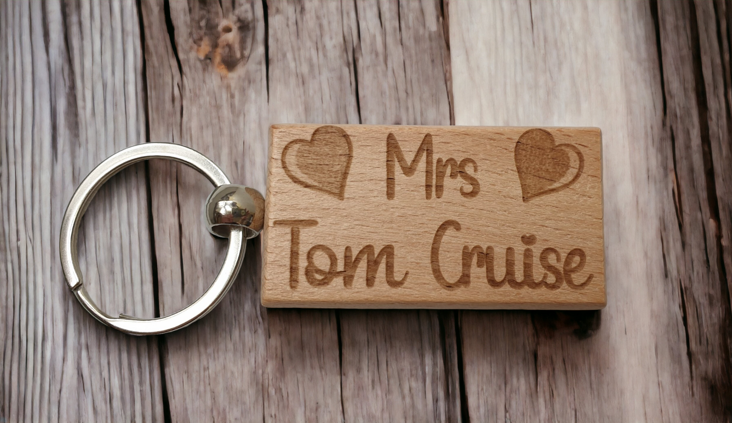 Mrs Tom Cruise Keyring Gift - Engraved Wooden Movie Fan Birthday Fun Cute Novelty Present