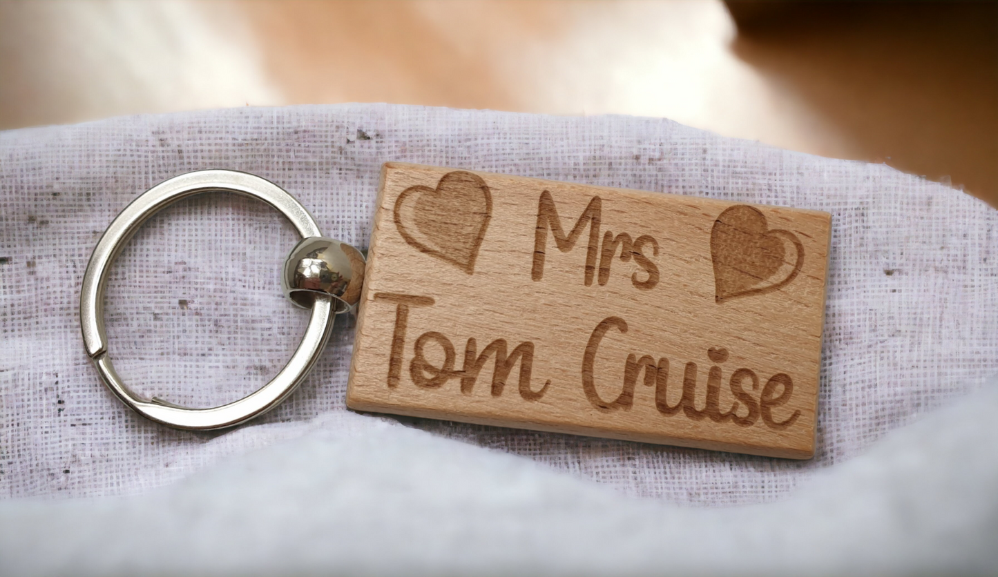 Mrs Tom Cruise Keyring Gift - Engraved Wooden Movie Fan Birthday Fun Cute Novelty Present