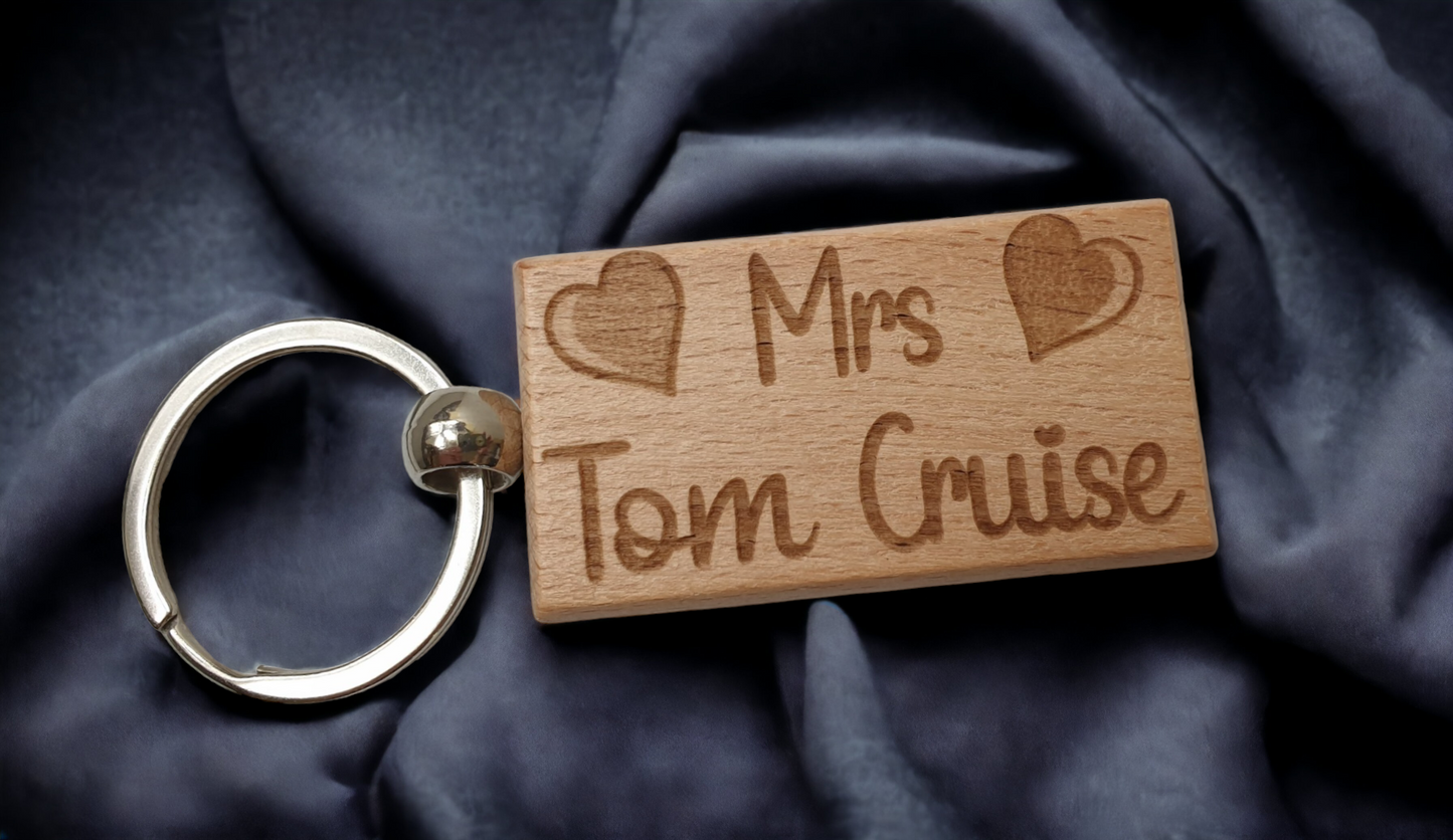 Mrs Tom Cruise Keyring Gift - Engraved Wooden Movie Fan Birthday Fun Cute Novelty Present