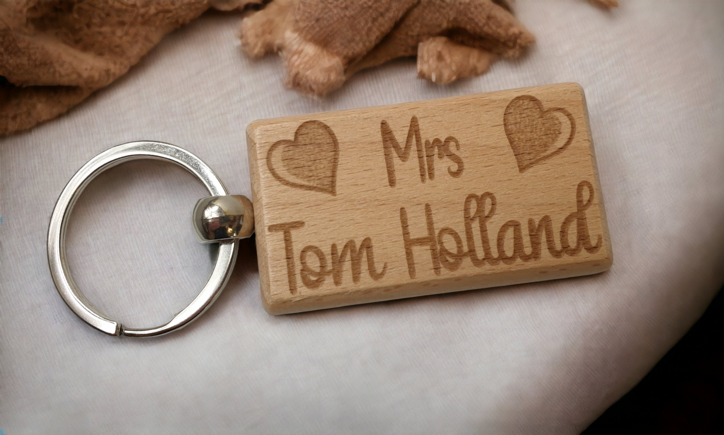 Mrs Tom Holland Keyring Gift - Engraved Wood Movie Fan Birthday Fun Cute Novelty Present