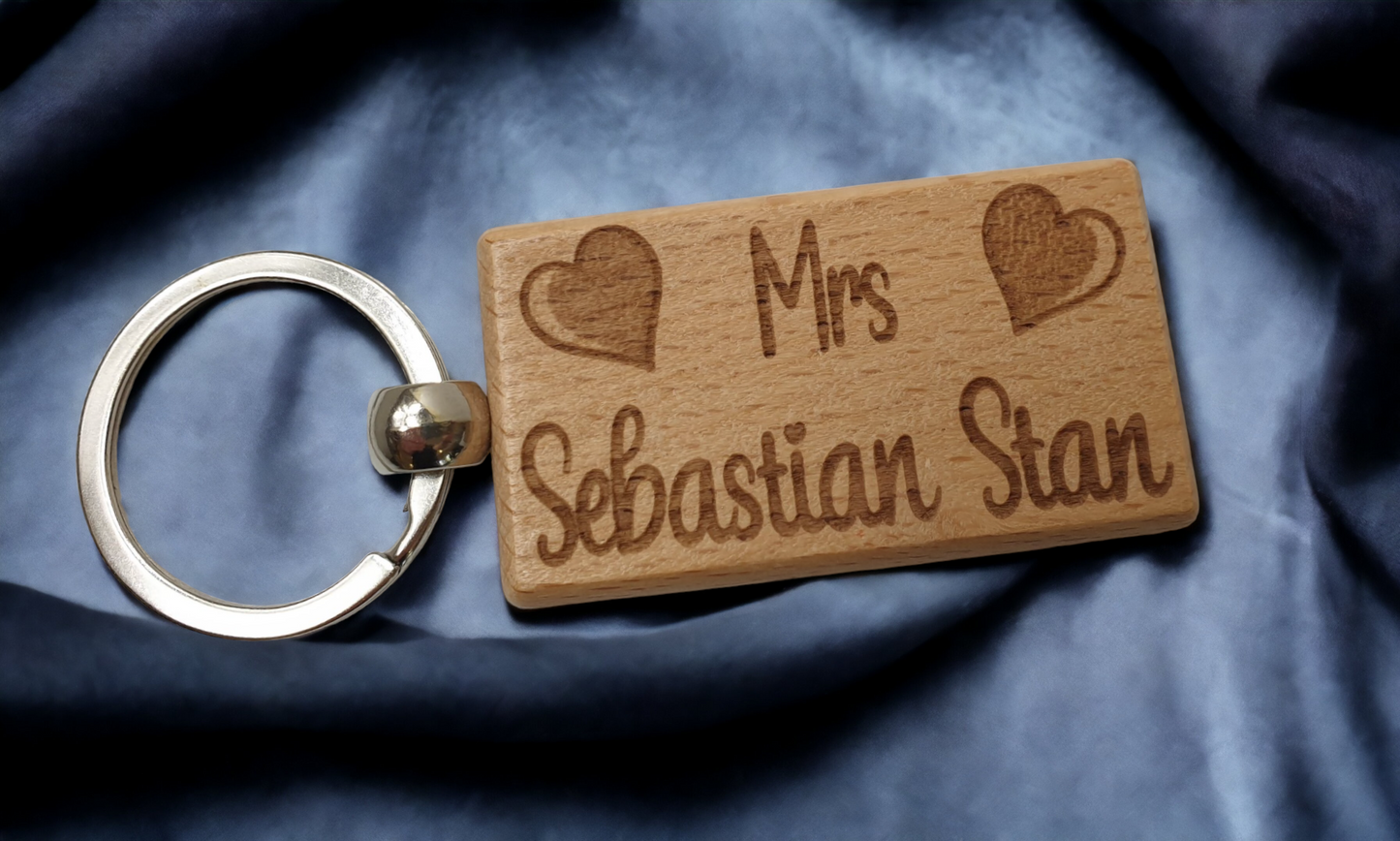 Cute Keyring Gift Mrs Sebastian Stan Engraved Hardwood Key Fob Fun Novelty Nice Custom Present