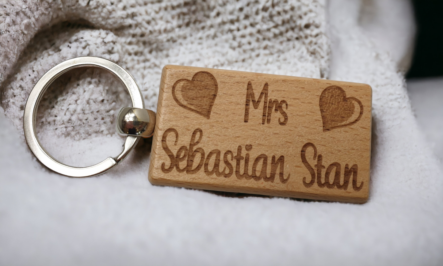 Cute Keyring Gift Mrs Sebastian Stan Engraved Hardwood Key Fob Fun Novelty Nice Custom Present