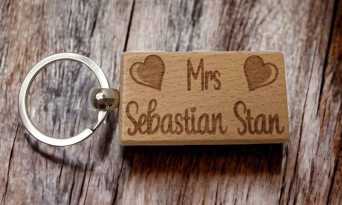 Cute Keyring Gift Mrs Sebastian Stan Engraved Hardwood Key Fob Fun Novelty Nice Custom Present