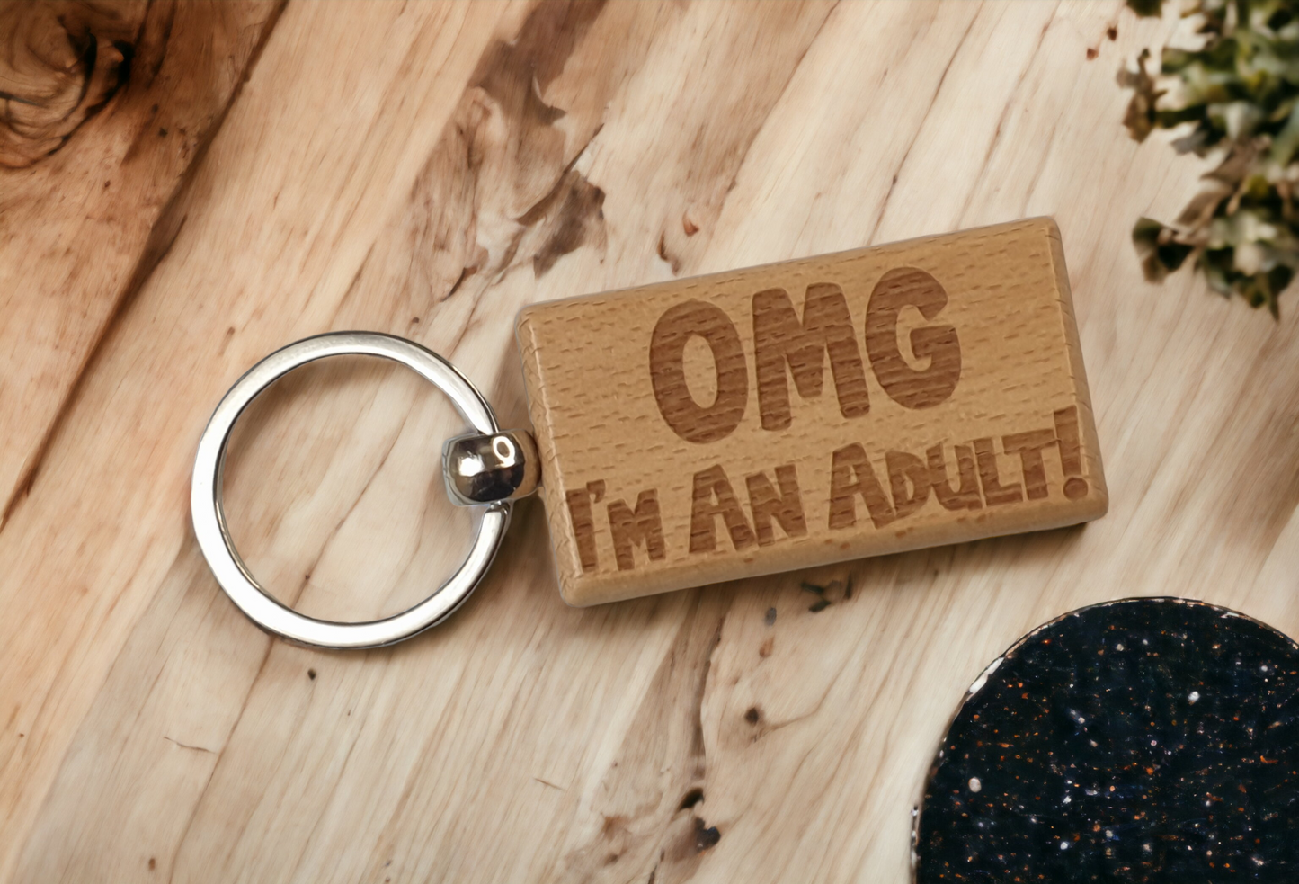 18th Birthday Keyring Gift OMG I'm An Adult Cute Engraved Wooden Key Fob Fun Novelty Nice Custom Present