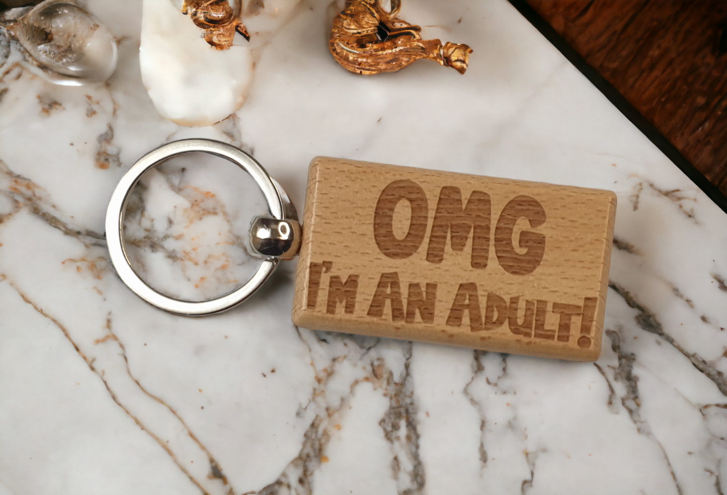 18th Birthday Keyring Gift OMG I'm An Adult Cute Engraved Wooden Key Fob Fun Novelty Nice Custom Present