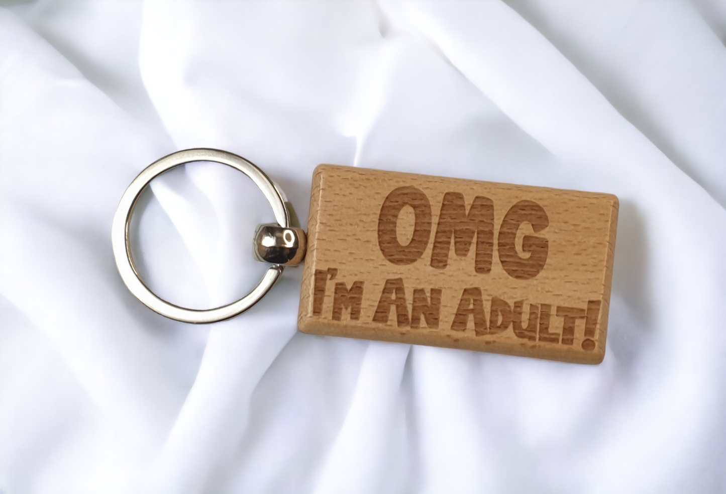 18th Birthday Keyring Gift OMG I'm An Adult Cute Engraved Wooden Key Fob Fun Novelty Nice Custom Present