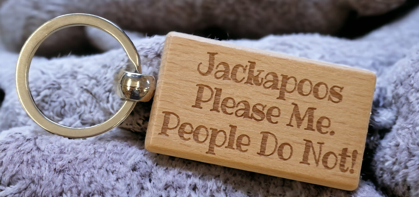 Jackapoo Keyring Gift - * Please Me People Do Not - Nice Cute Engraved Wooden Key Fob Novelty Dog Owner Present