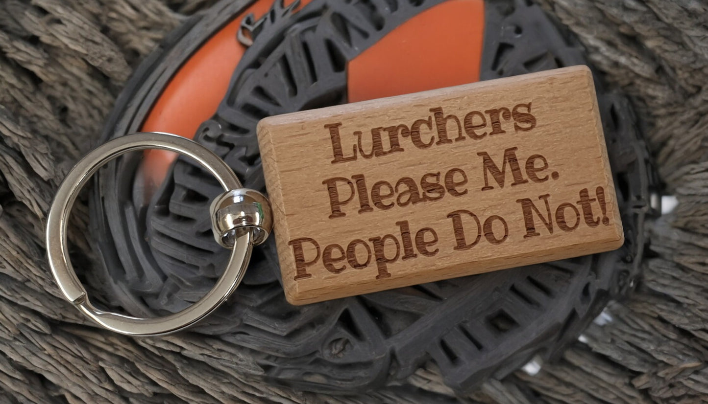 Lurcher Keyring Gift - * Please Me People Do Not - Nice Cute Engraved Wooden Key Fob Novelty Dog Owner Present