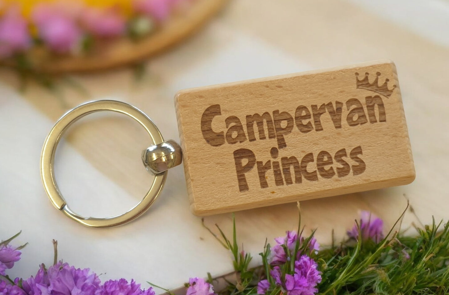 Campervan Keyring Gift Campervan Princess Cute Engraved Wooden Key Fob Fun Novelty Nice Custom Present