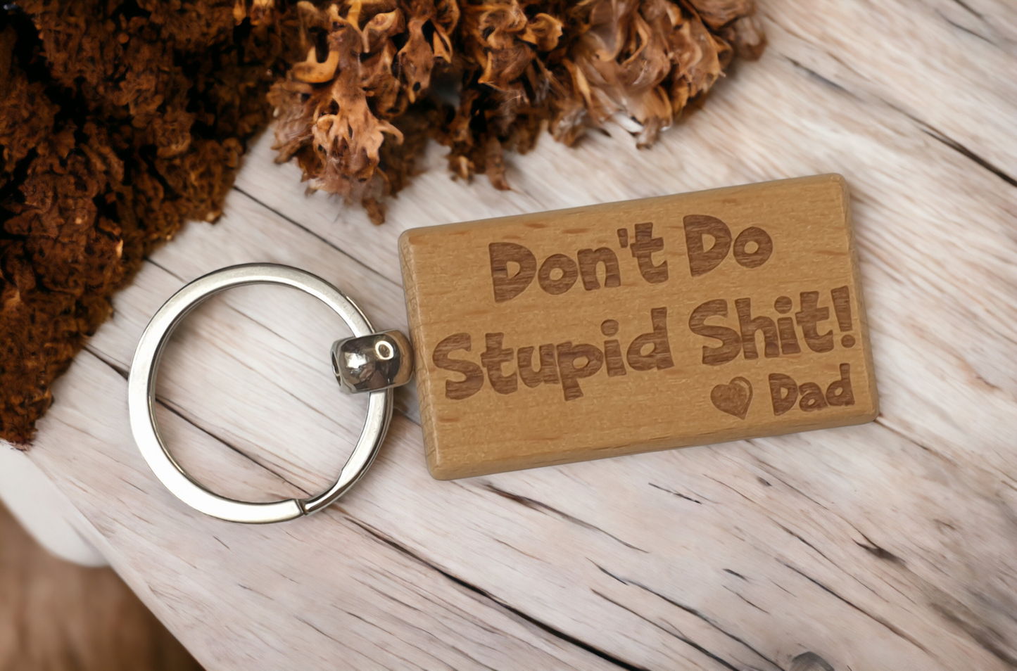 Daughter Son Keyring Gift - Don't Do Stupid Shit Love Heart Dad - Cute Engraved Wooden Key Fob Fun Novelty Nice Custom Present