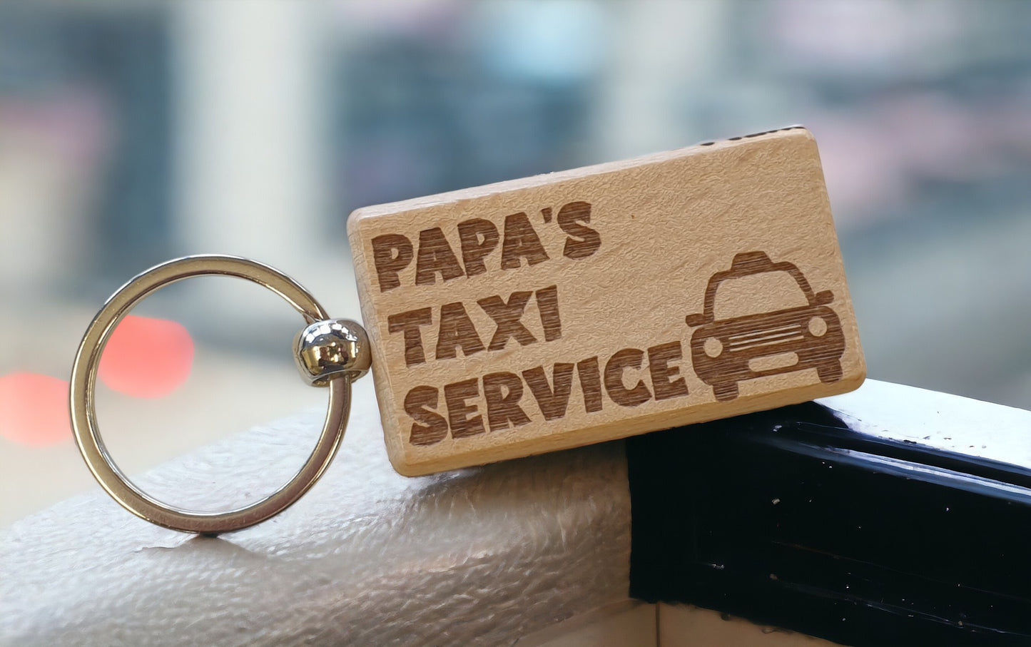 Grandad Dad Keyring Gift - Papa's Taxi Service - Cute Engraved Wooden Keyring Funny Novelty Nice Custom Present