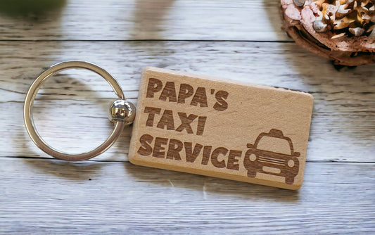 Grandad Dad Keyring Gift - Papa's Taxi Service - Cute Engraved Wooden Keyring Funny Novelty Nice Custom Present