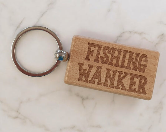 Fishing Keyring Gift - Fishing Wanker - Cute Engraved Wooden Angling Key Fob Fun Novelty Nice Custom Present