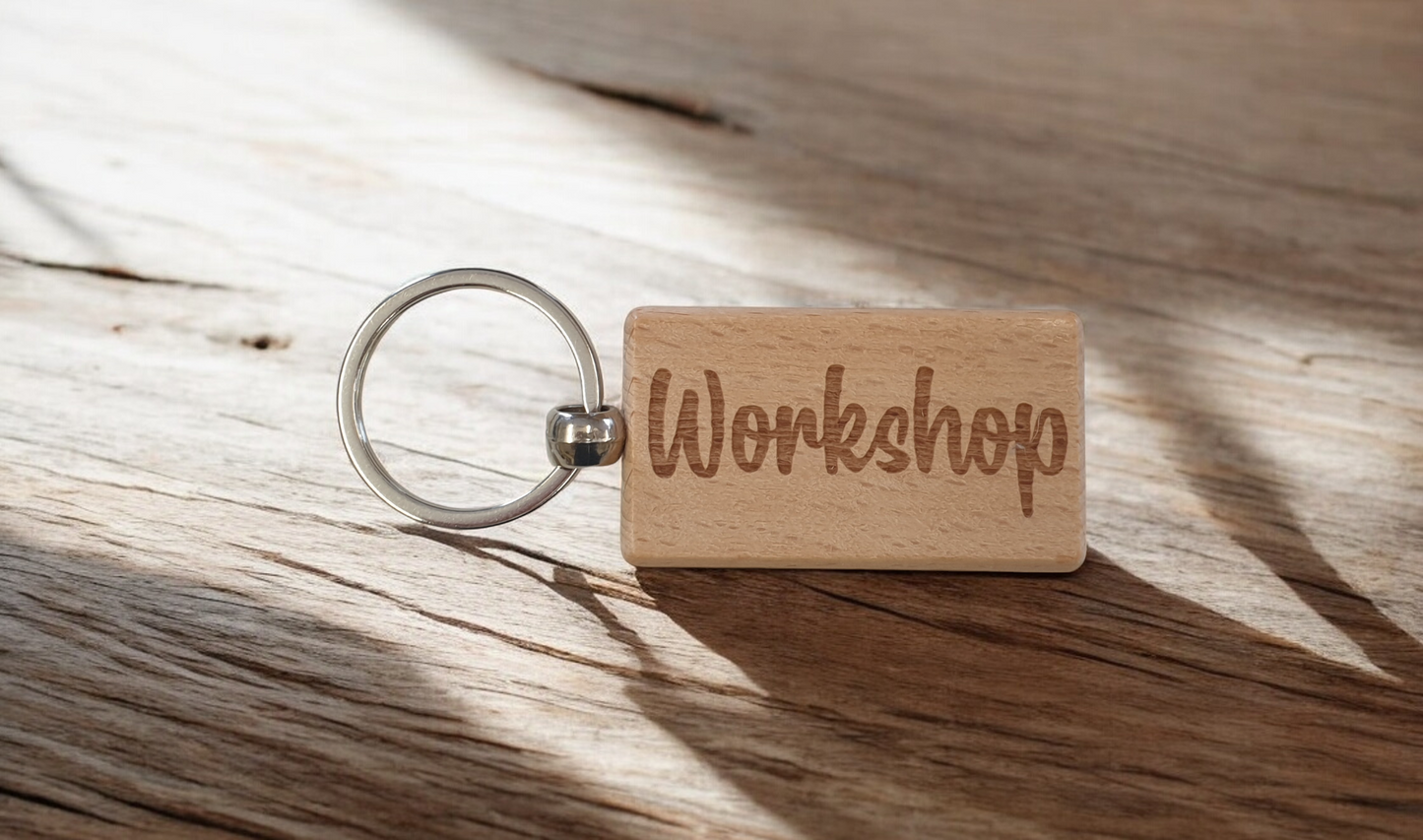 Workshop Keyring Gift Nice Cute Engraved Wooden Key Fob Novelty Custom Work Shed Present