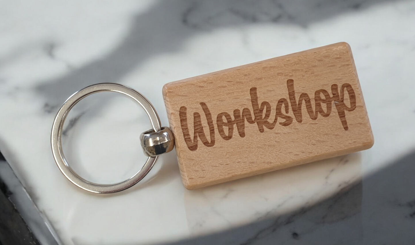 Workshop Keyring Gift Nice Cute Engraved Wooden Key Fob Novelty Custom Work Shed Present