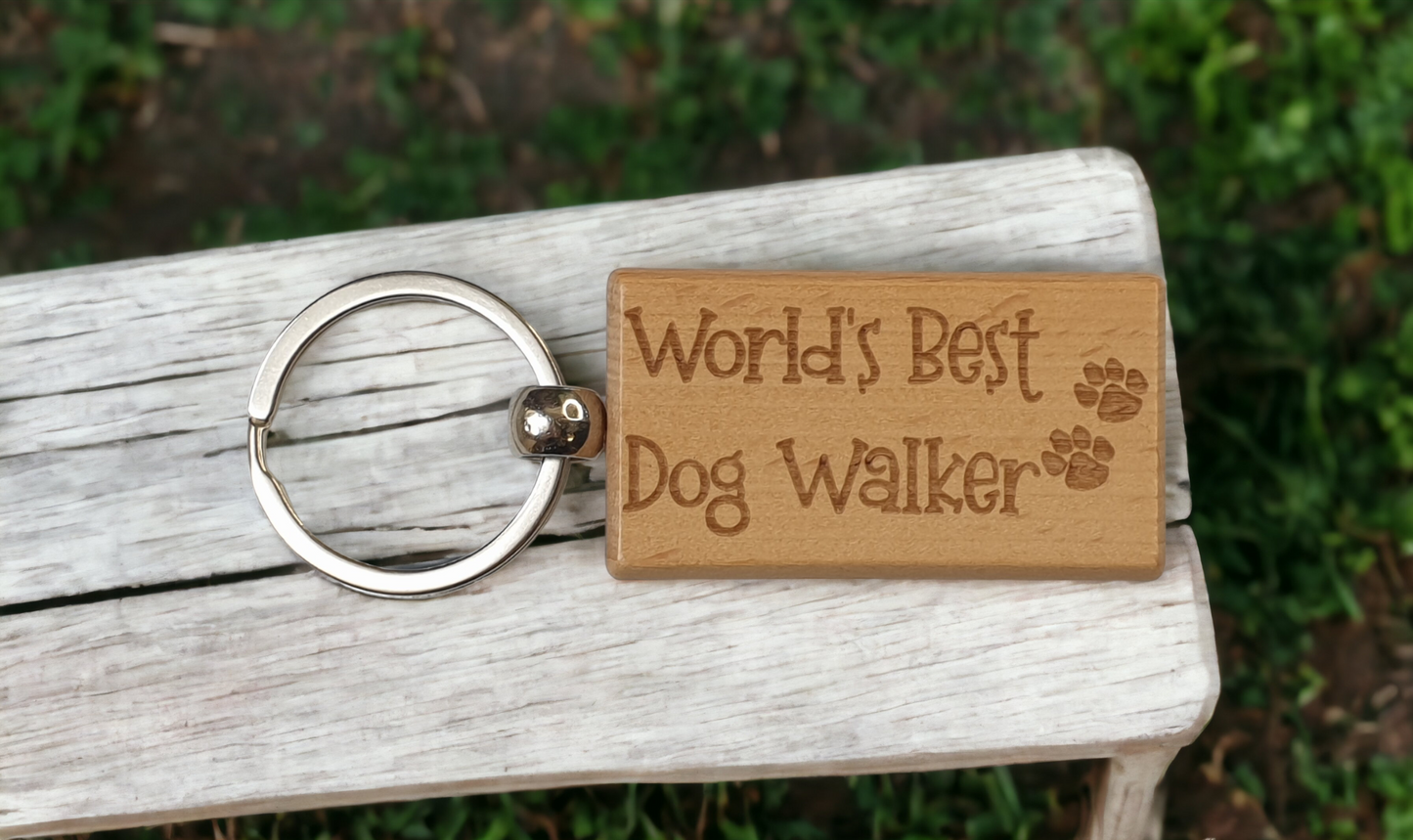 Dog Keyring Gift - World's Best Dog Walker - Cute Engraved Wooden Key Fob Fun Novelty Nice Custom Present