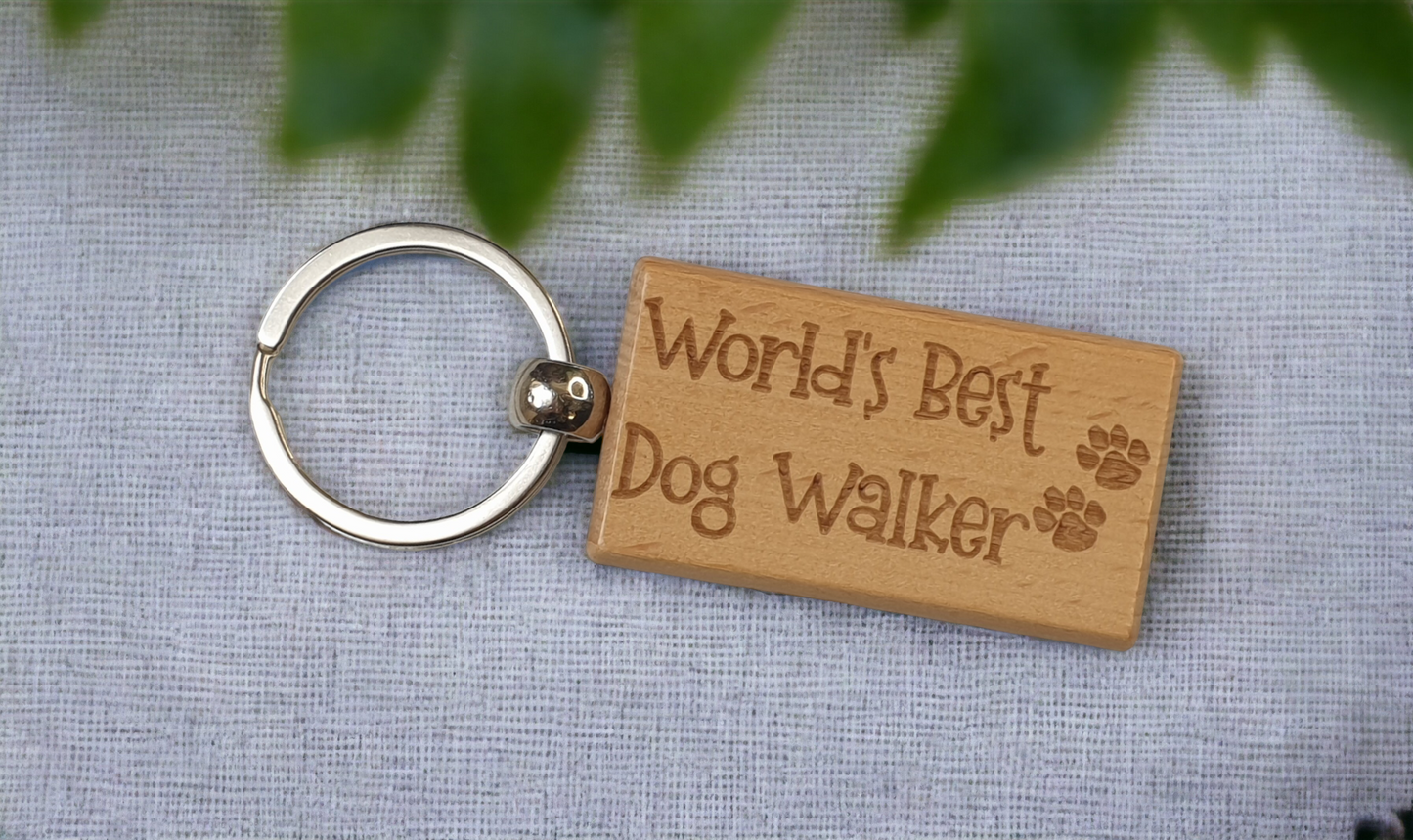 Dog Keyring Gift - World's Best Dog Walker - Cute Engraved Wooden Key Fob Fun Novelty Nice Custom Present