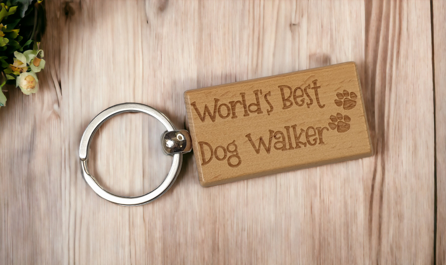 Dog Keyring Gift - World's Best Dog Walker - Cute Engraved Wooden Key Fob Fun Novelty Nice Custom Present