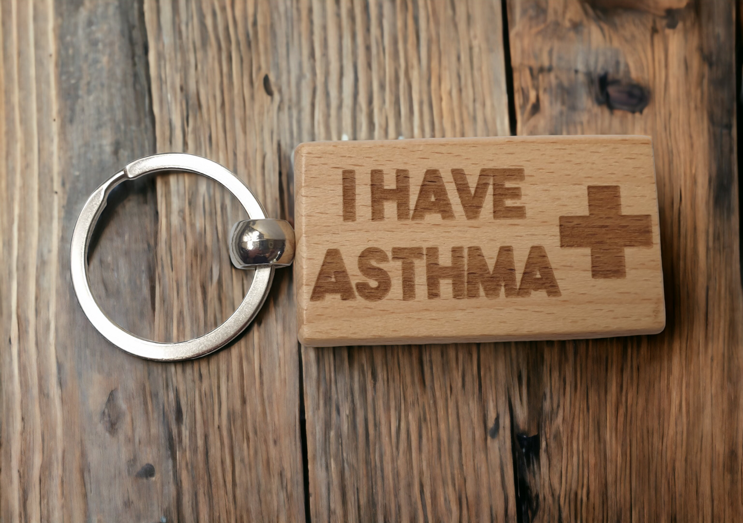 Asthma Keyring Gift - Medical Alert Key Ring - Engraved Wooden Key Chain Present