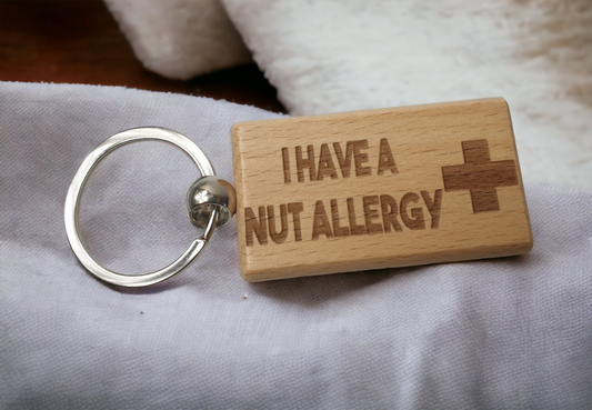 Nut Allergy Keyring Gift - Medical Alert Allergic Key Ring - Engraved Wooden Key Chain