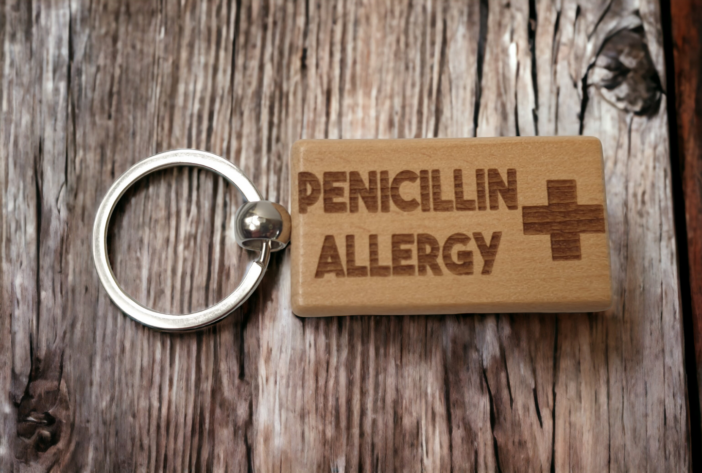 Penicillin Allergy Keyring Gift - Medical Alert Allergic Key Ring - Engraved Wooden Key Chain