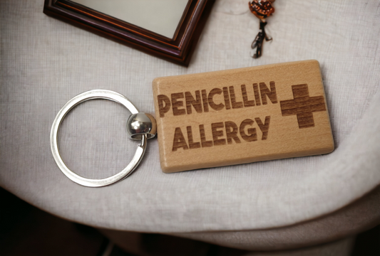 Penicillin Allergy Keyring Gift - Medical Alert Allergic Key Ring - Engraved Wooden Key Chain